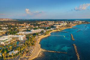 Cyprus, Paphos embankment, aerial view. Famous mediterranean resort city. Summer Travel.