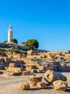 View of lighthouse and paphos archaeological park cyprus
